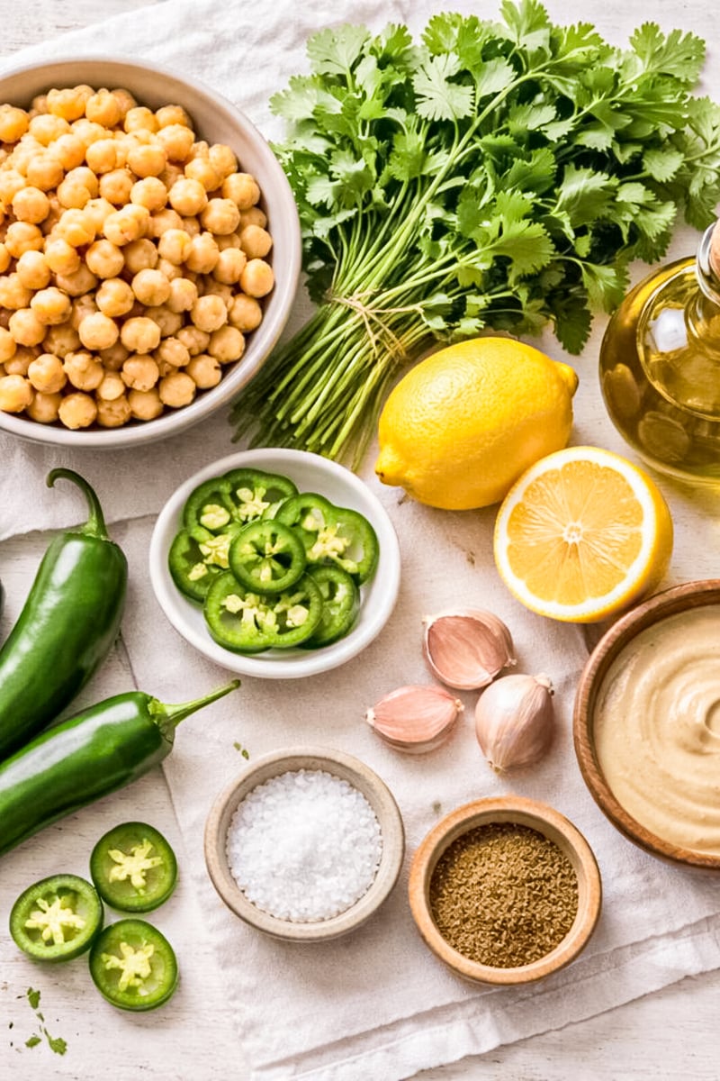 Ingredients for creamy jalapeño hummus arranged on a light surface with chickpeas, fresh cilantro, lemon, olive oil, garlic, tahini, whole jalapeños, sliced jalapeños, and coarse salt.
