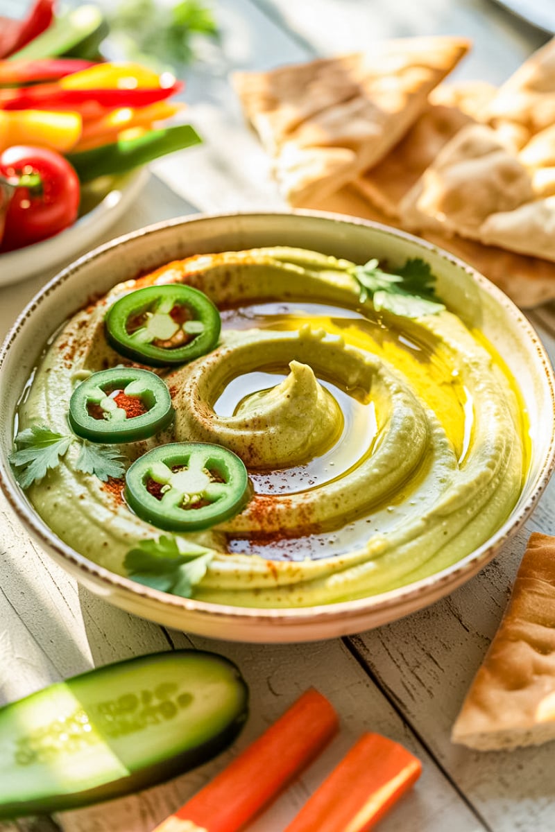 Creamy jalapeño hummus swirled in a rustic bowl with olive oil, sliced jalapeños, cilantro, and a dusting of seasoning, served with pita chips and fresh vegetables in the background.