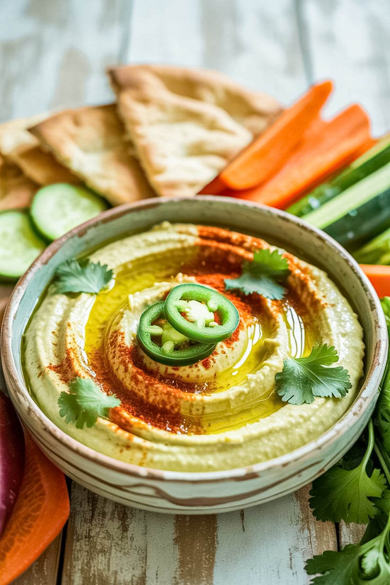 Creamy jalapeño hummus topped with sliced jalapeños, olive oil, paprika, and cilantro, served in a rustic bowl with pita bread, cucumber, and carrot sticks.