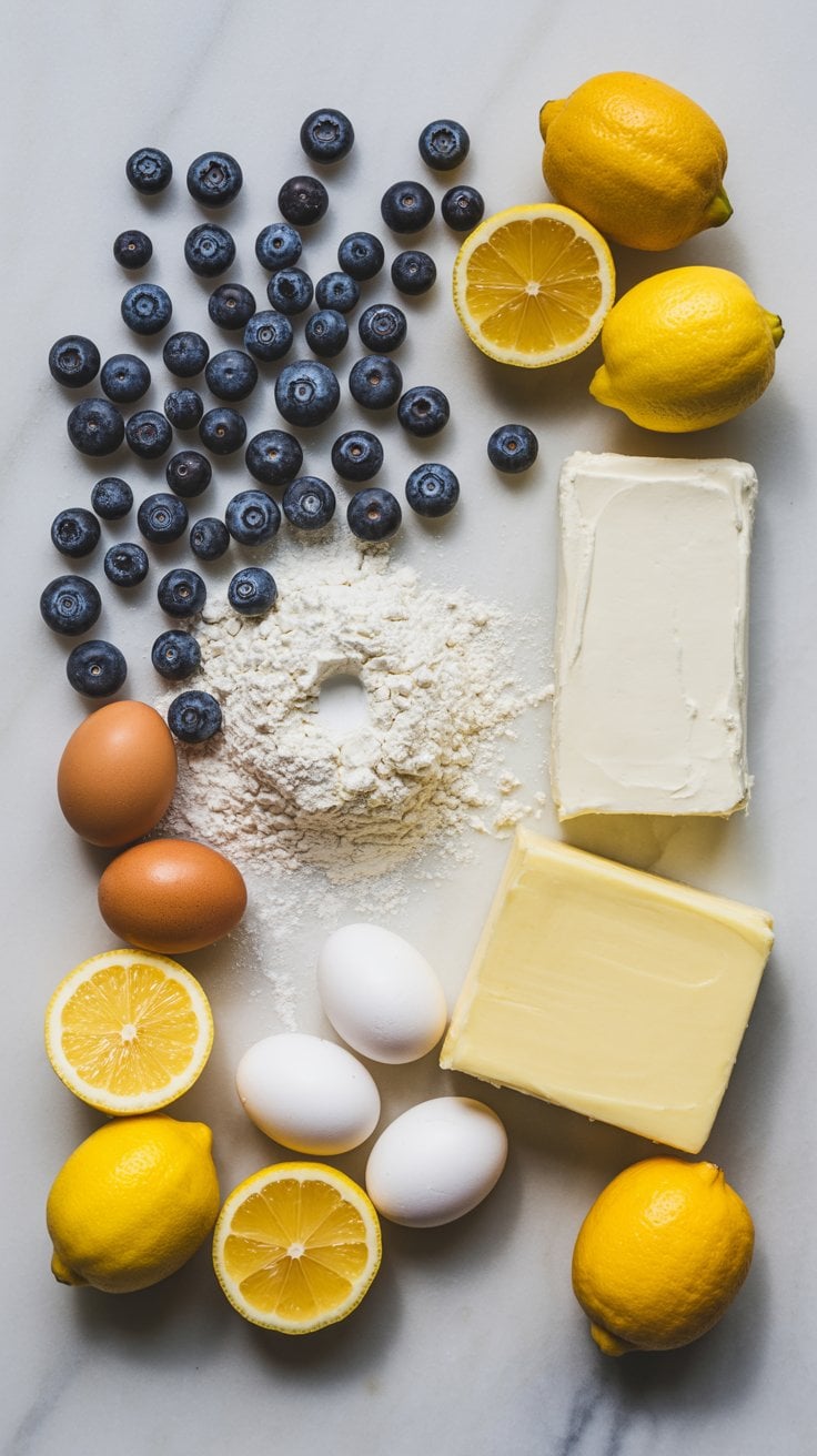 Flat lay of ingredients for blueberry lemon cheesecake dump cake, including fresh blueberries, lemons, eggs, flour, cream cheese, and butter on a light surface.