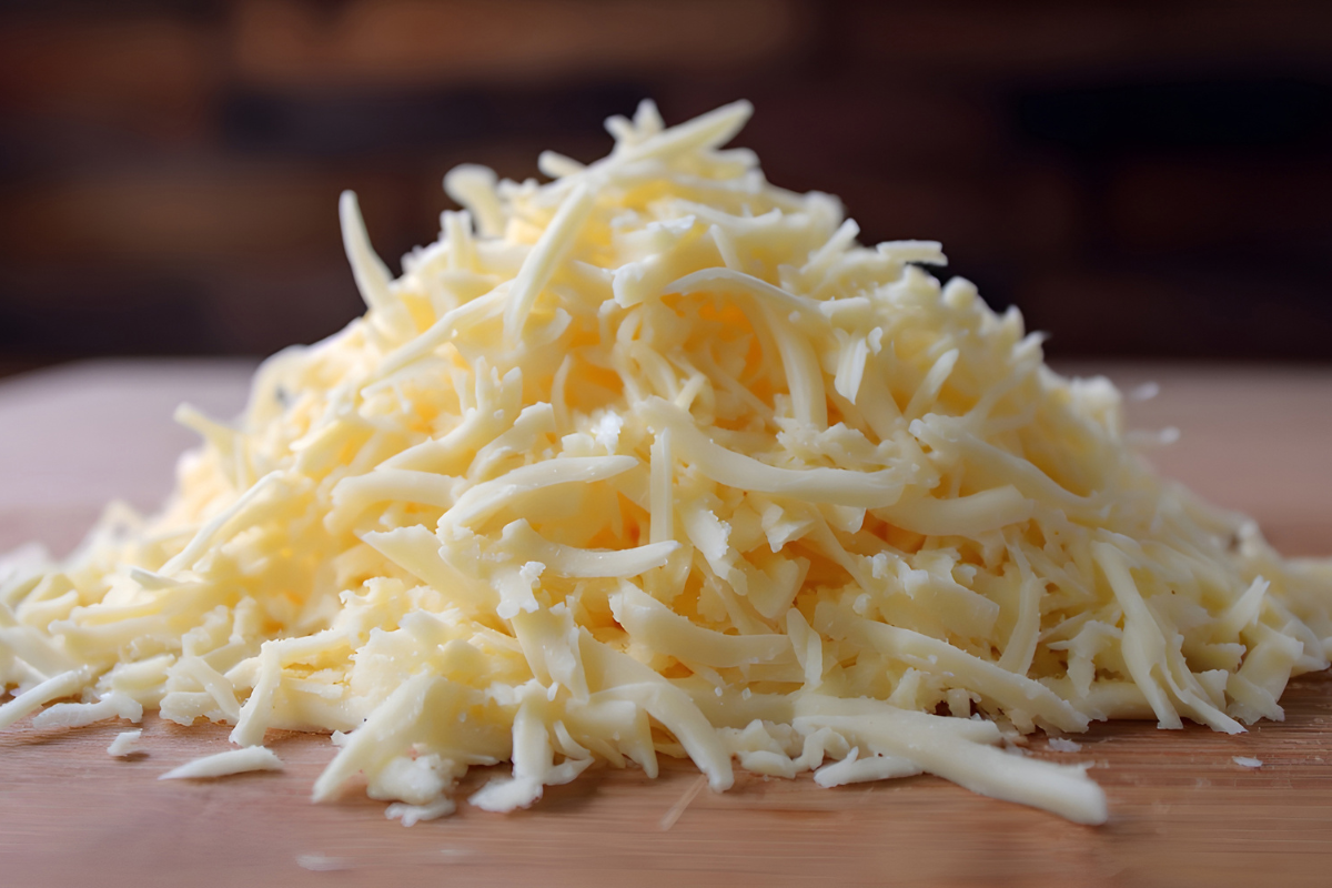 Pile of shredded cheddar cheese on a wooden board, shown close up with soft texture and pale orange color.