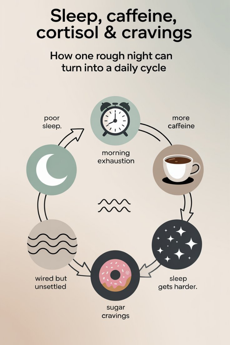 nfographic showing the cycle between sleep, caffeine, cortisol, and cravings, with icons for poor sleep, morning exhaustion, more caffeine, sleep disruption, and wired-but-tired cravings.