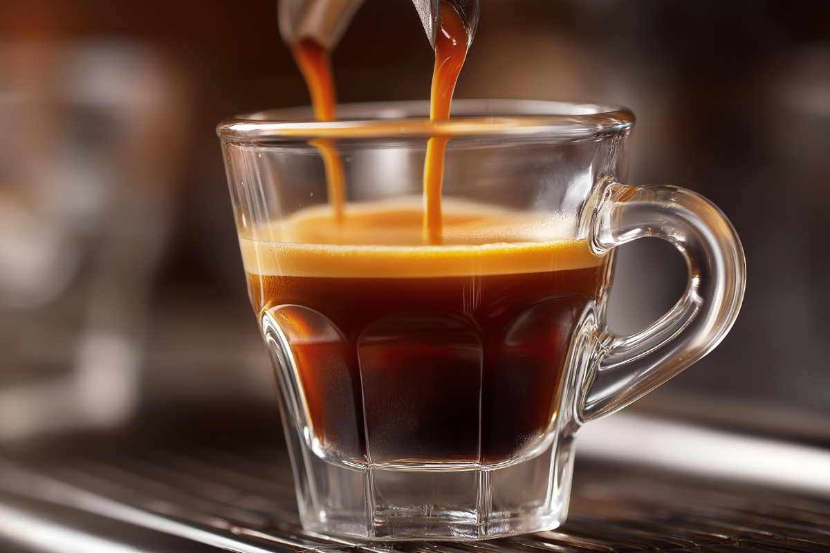 Fresh espresso pouring into a clear glass cup, showing a dark rich shot with a golden crema on top