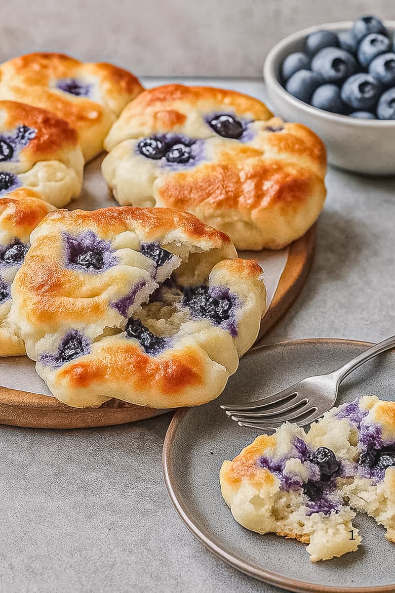 Blueberry cottage cheese cloud bread rounds with golden tops and juicy blueberry pockets, served on a wooden board with a bowl of fresh blueberries and a plated piece showing the fluffy interior.