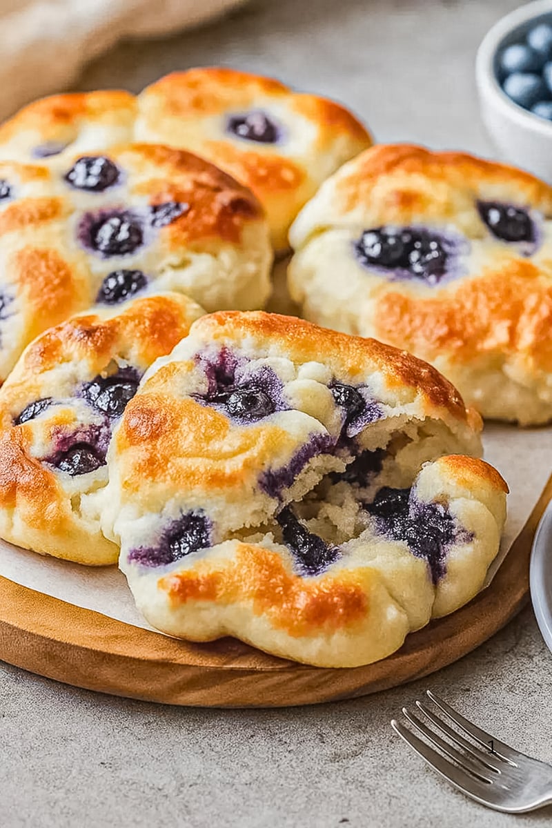 Soft blueberry cottage cheese cloud bread rounds with golden tops and juicy blueberry pockets, served on a wooden board with one piece broken open to show the fluffy interior.