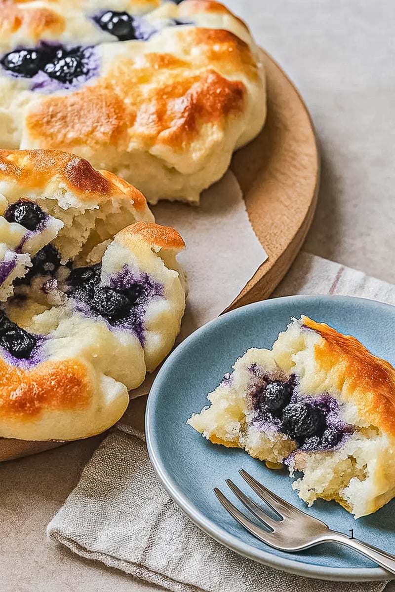 Blueberry cottage cheese cloud bread served on a wooden board and blue plate, with fluffy torn pieces showing juicy blueberry pockets and lightly golden tops.