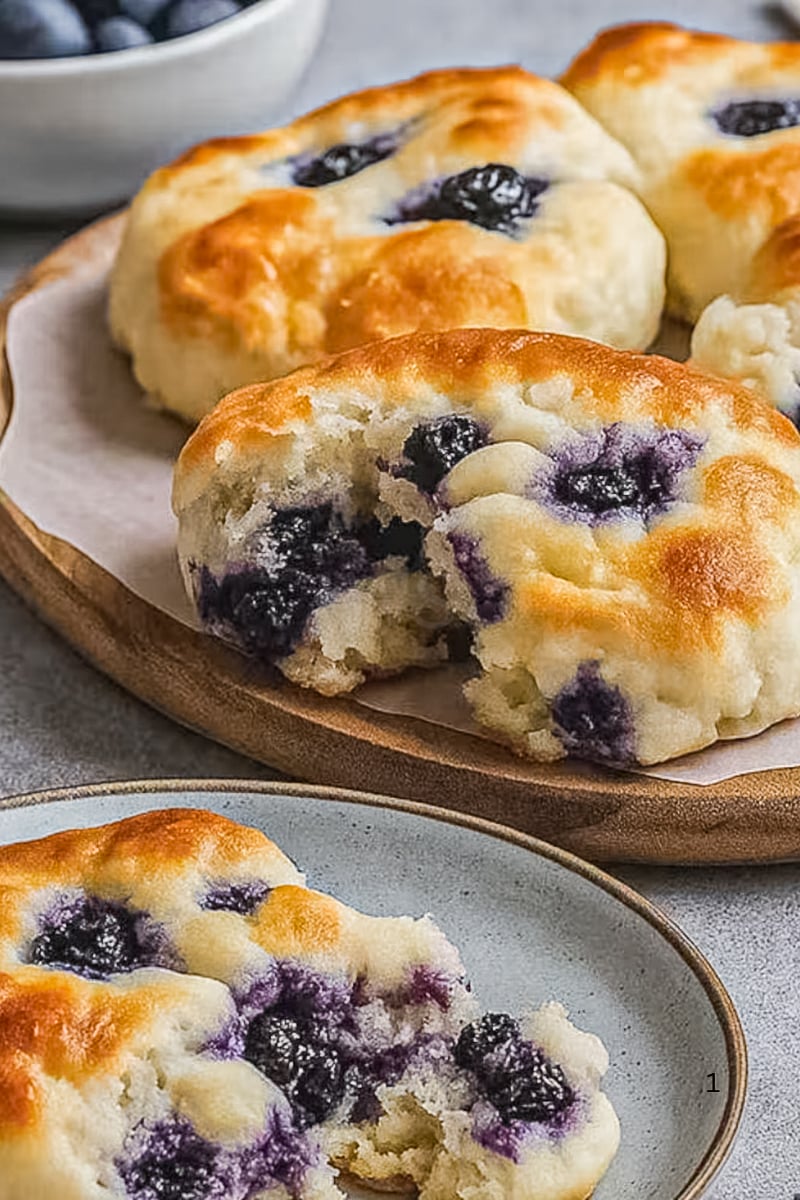Close-up of soft blueberry cottage cheese cloud bread with golden tops and juicy blueberry pockets, including one round broken open to show the fluffy, tender interior.
