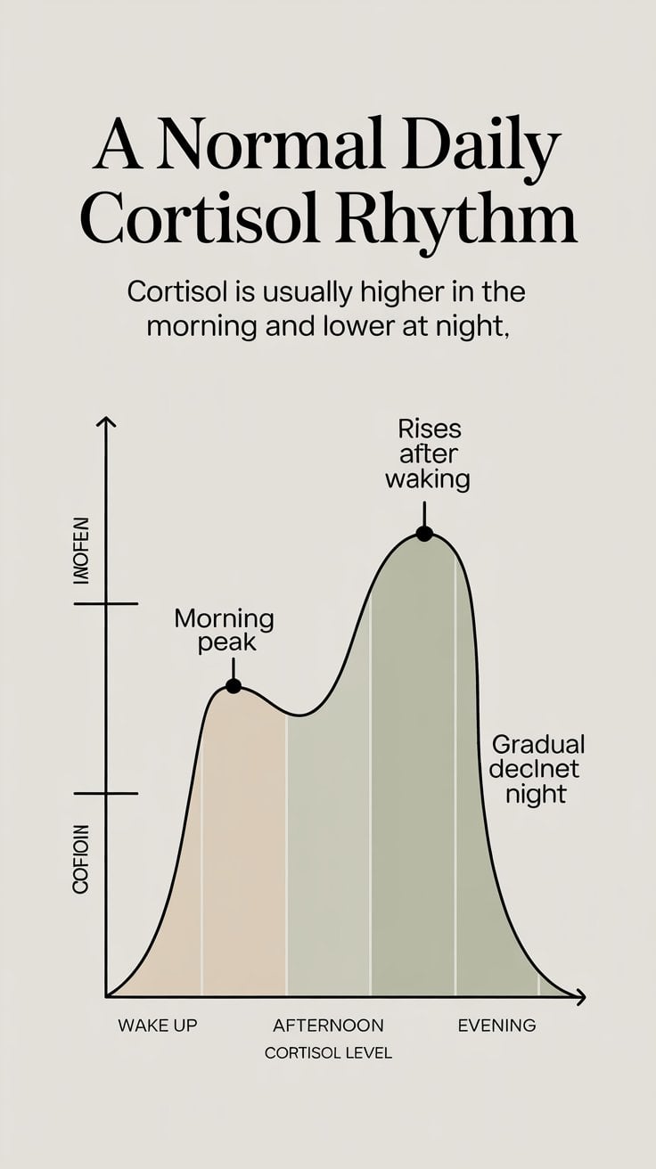 Infographic titled “A Normal Daily Cortisol Rhythm” showing a cortisol curve that rises after waking, reaches a morning peak, and gradually declines later in the day.