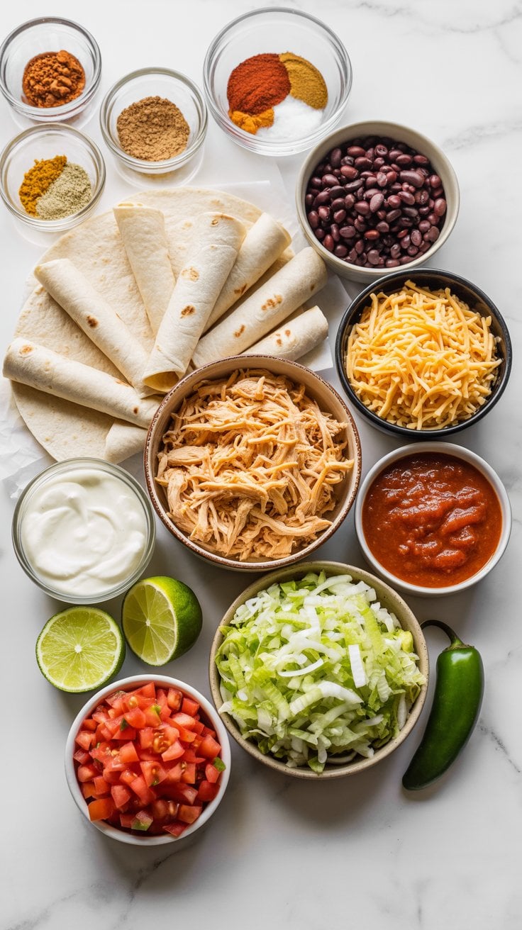 Ingredients for homemade Mexican chicken flautas arranged on marble, including tortillas, shredded chicken, black beans, cheese, salsa, crema, lettuce, tomatoes, lime, jalapeño, and spices.