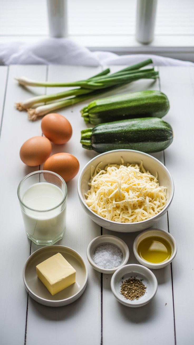 Fresh ingredients for zucchini mozzarella omelette, including eggs, zucchini, scallions, shredded mozzarella, milk, butter, olive oil, salt, and black pepper on a white table.