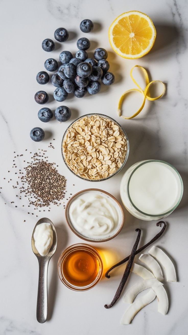 Ingredients for blueberry lemon overnight oats arranged on marble, including rolled oats, fresh blueberries, lemon, chia seeds, Greek yogurt, milk, and vanilla.