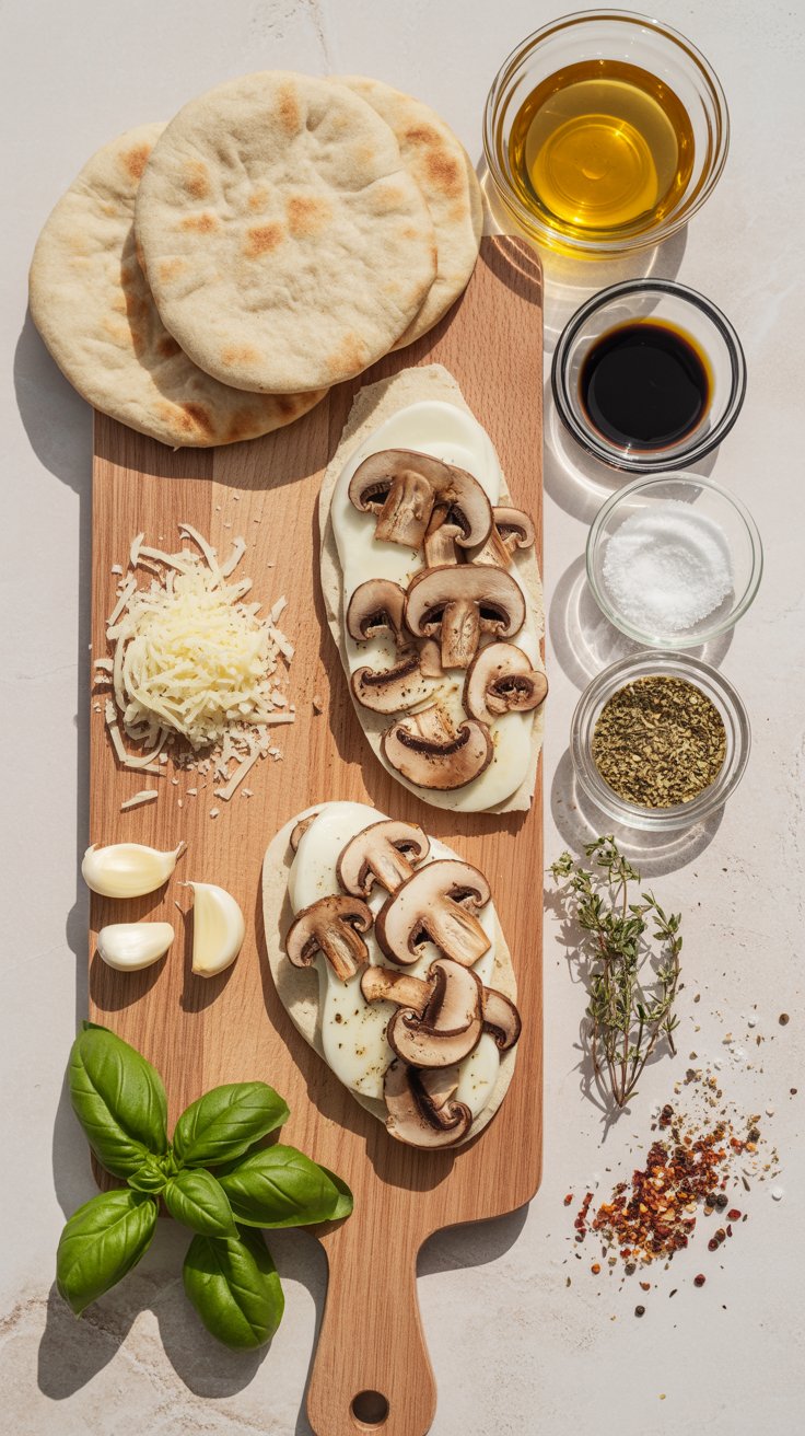 Pita flatbread ingredients arranged on a board with pita bread, sliced mushrooms, mozzarella cheese, garlic, olive oil, herbs, basil, salt, and red pepper flakes.