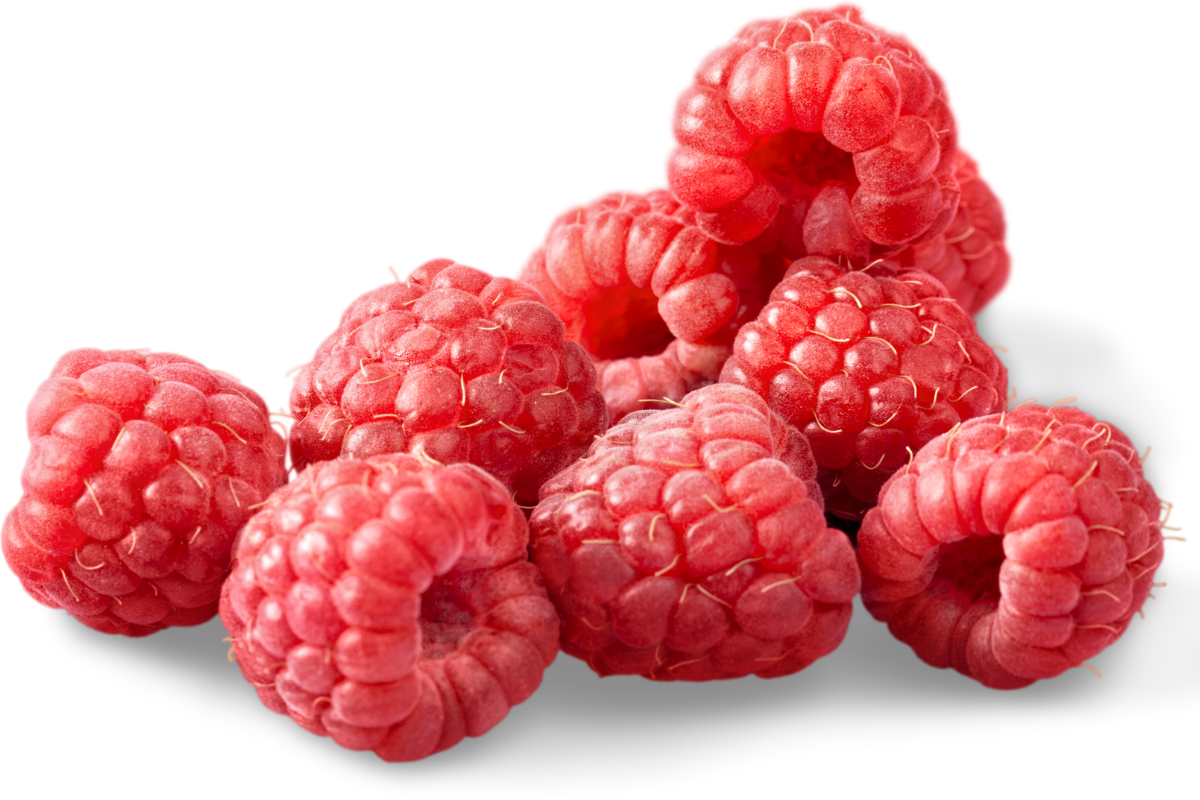 Fresh raspberries piled together on a light background, showing bright red color and detailed texture.