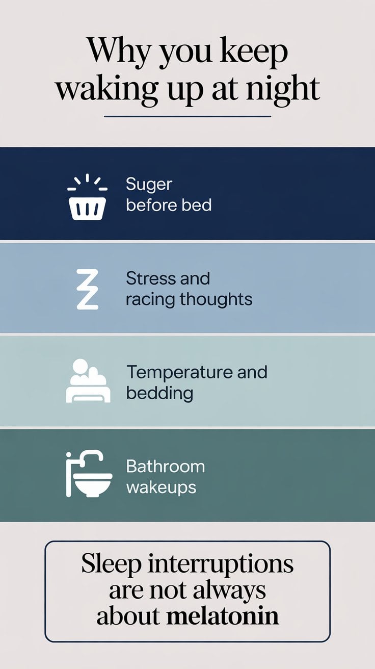 Infographic titled “Why you keep waking up at night” with sections for sugar before bed, stress and racing thoughts, and temperature and bedding.