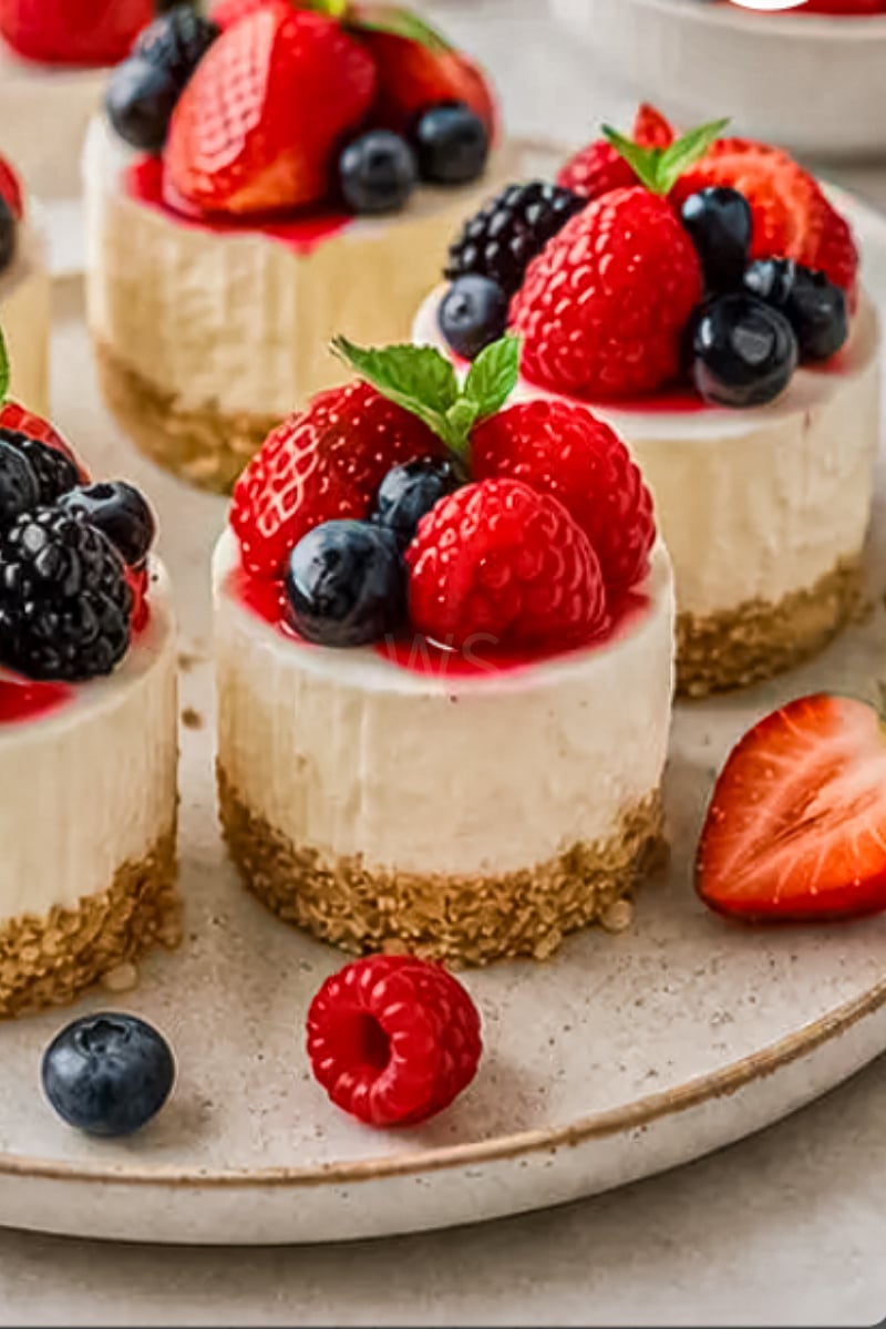 Finished mini no-bake berry cheesecakes topped with strawberries, blueberries, raspberries, blackberries, and fresh mint.