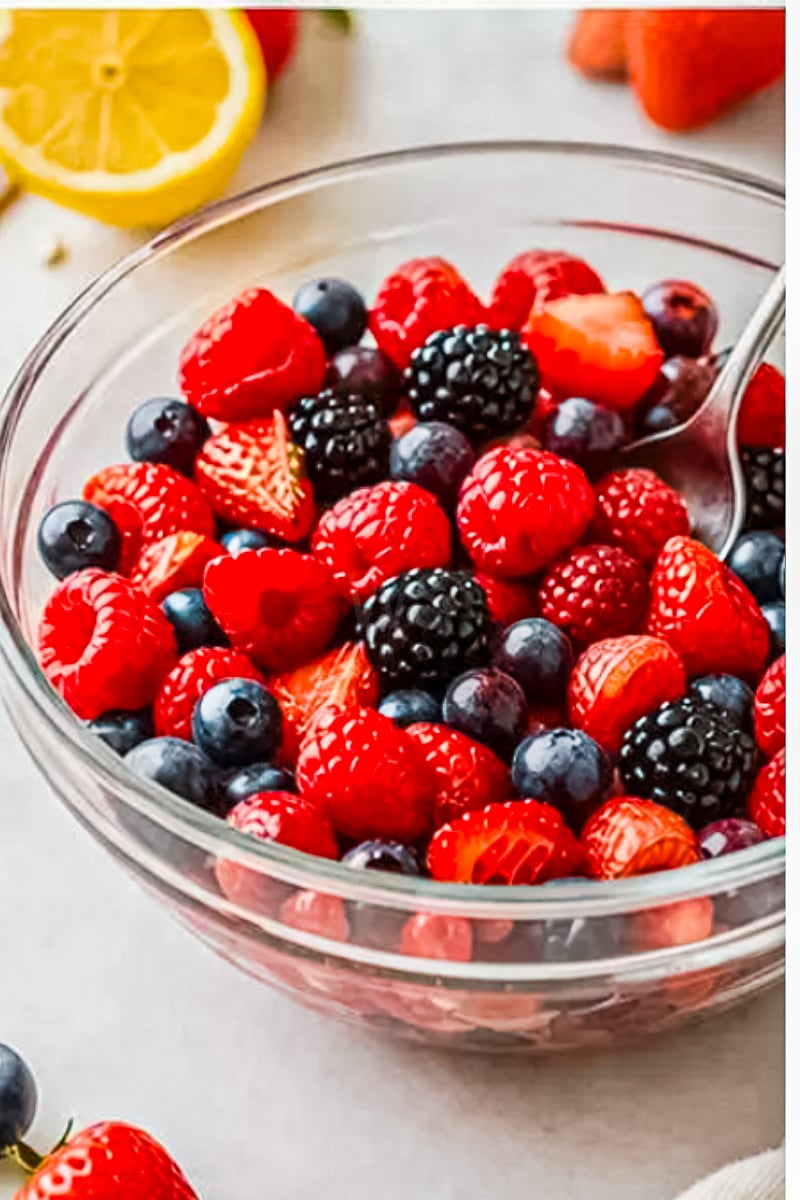 Fresh mixed berries with strawberries, raspberries, blueberries, and blackberries ready for topping mini no-bake cheesecakes.