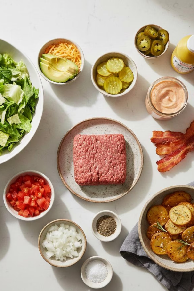 Ingredients for a high protein cheeseburger salad bowl including ground beef, lettuce, spinach, cheddar cheese, avocado, pickles, tomatoes, onions, bacon, jalapeños, burger sauce, and crispy potato slices.