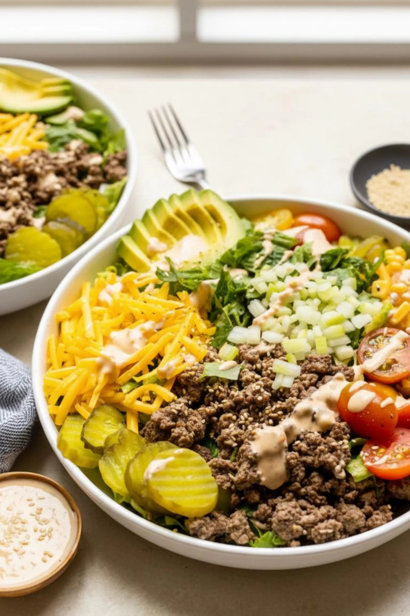 High protein cheeseburger salad bowl with seasoned ground beef, cheddar cheese, avocado, pickles, tomatoes, onions, lettuce, spinach, and creamy burger sauce.