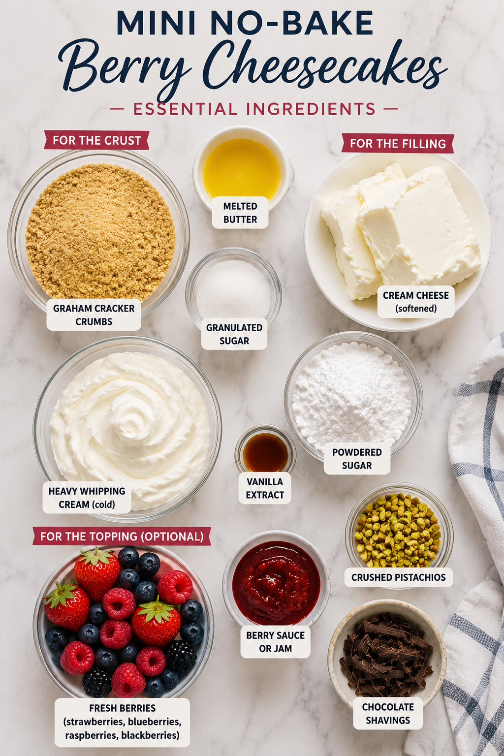 Essential ingredients needed to make mini no-bake berry cheesecakes including cream cheese, graham crackers, whipped cream, and fresh berries.
