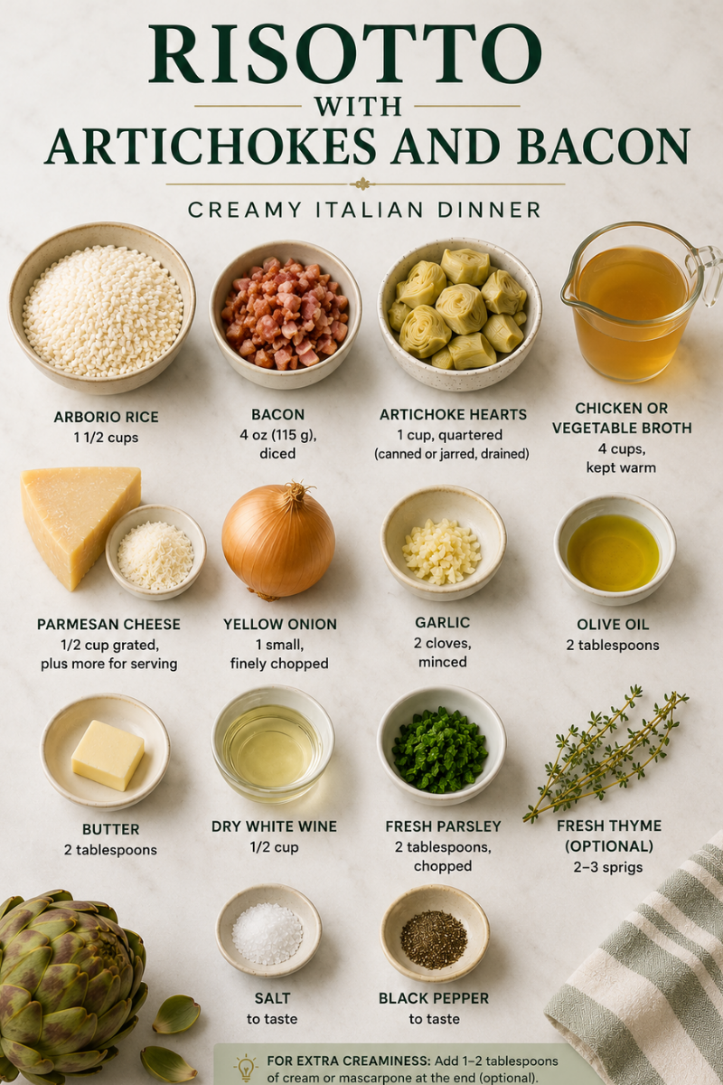Flat lay of Arborio rice, broth, Parmesan, bacon, artichokes, garlic, onion, olive oil, butter, wine, and herbs.