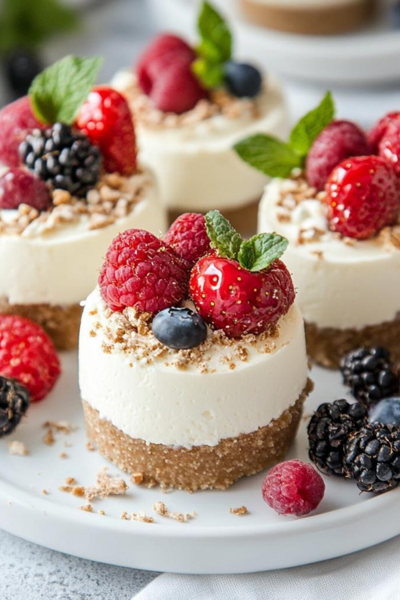 Mini no-bake berry cheesecakes topped with strawberries, raspberries, blueberries, and blackberries on a white serving plate.