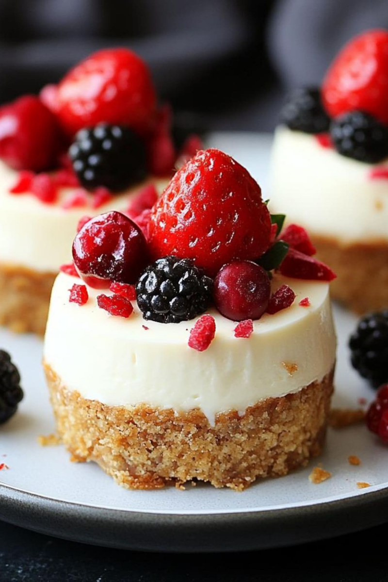 Mini no-bake cheesecakes topped with fresh berries and graham cracker crust on a dessert tray.
