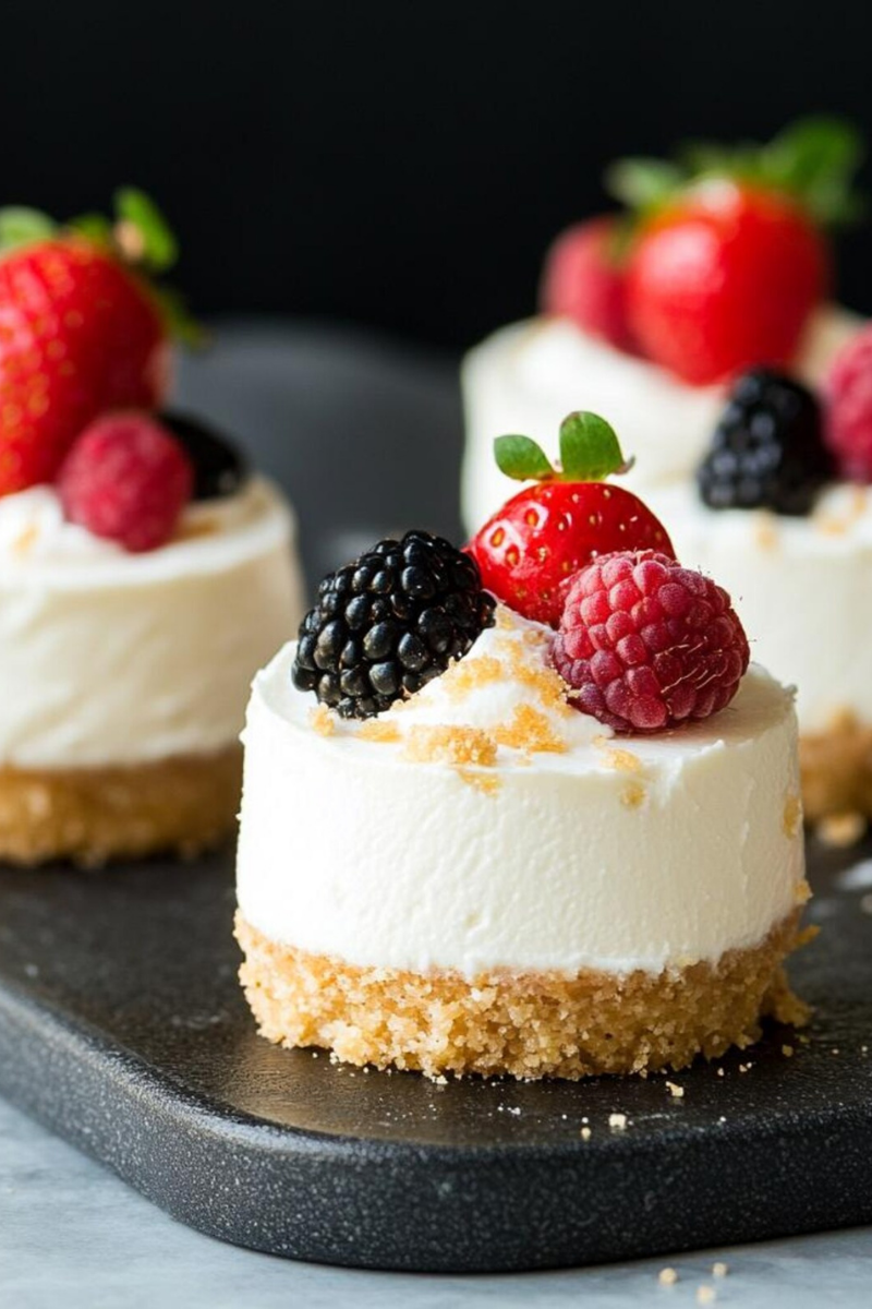 Creamy mini berry cheesecakes with graham cracker crust and fresh berry topping for an easy summer dessert.