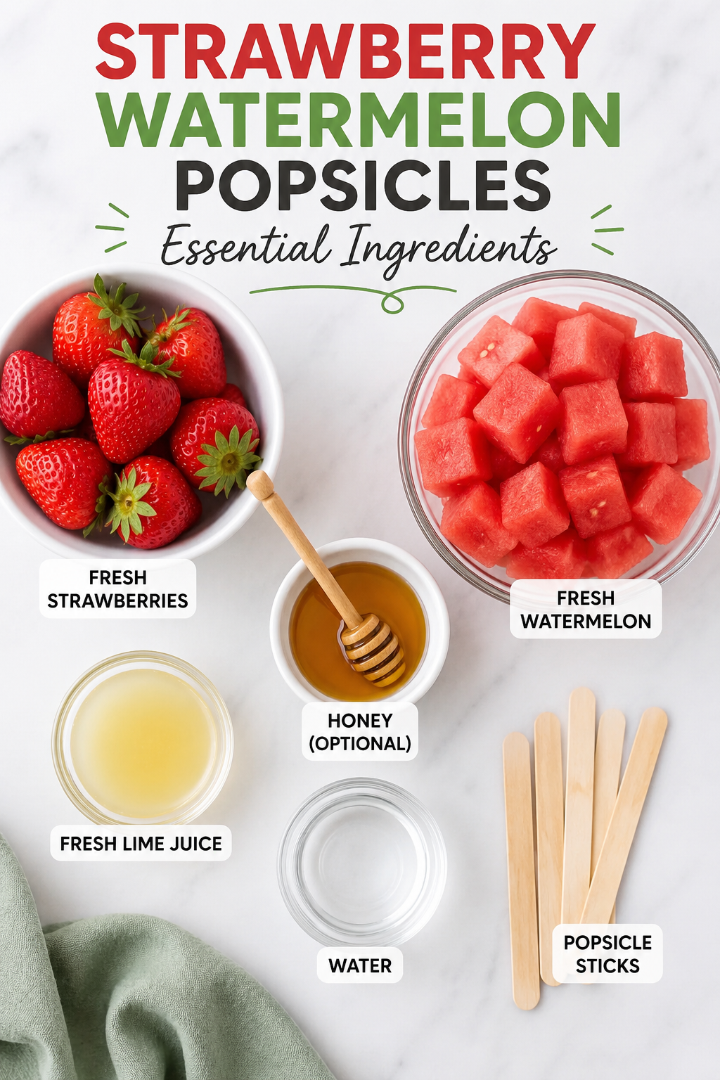 Essential ingredients for Strawberry Watermelon Popsicles including fresh strawberries, cubed watermelon, lime juice, honey, water, and popsicle sticks arranged in a clean flat lay recipe ingredient guide.