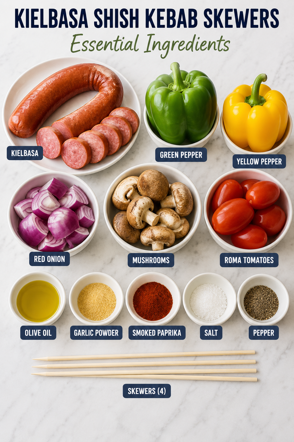 Essential ingredients for kielbasa shish kebab skewers including kielbasa sausage, bell peppers, red onion, mushrooms, Roma tomatoes, olive oil, garlic powder, smoked paprika, salt, pepper, and wooden skewers arranged on a countertop.
