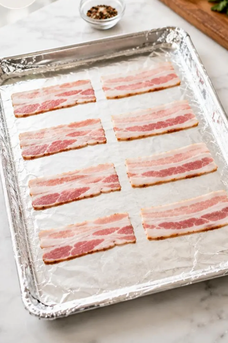 Bacon strips arranged in a single layer on a foil-lined baking sheet.