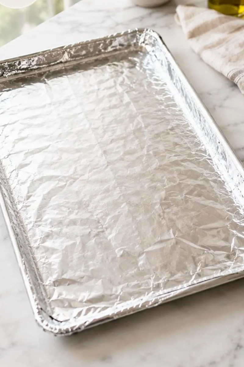 Foil-lined baking sheet prepared for bacon wrapped shrimp.