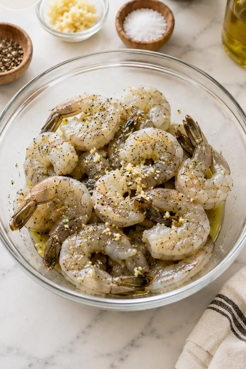 Raw shrimp tossed with olive oil, garlic, salt, and pepper.