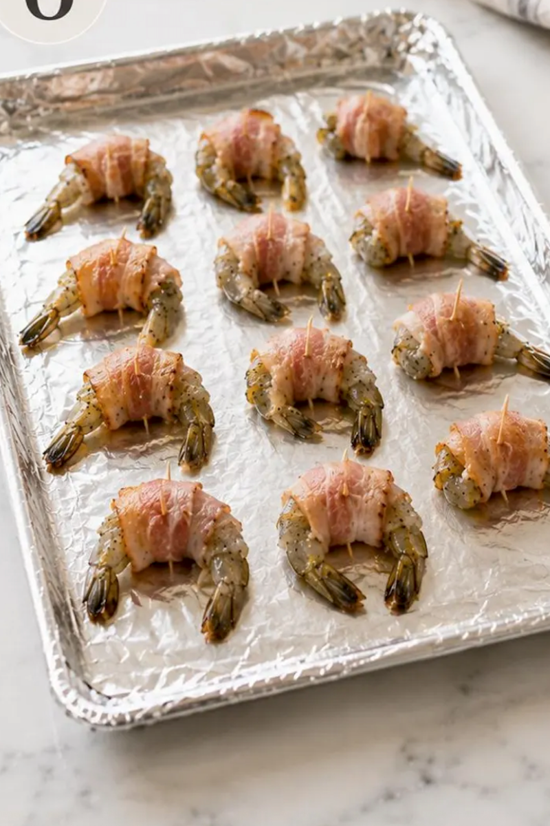 Raw shrimp wrapped in bacon and secured with toothpicks.