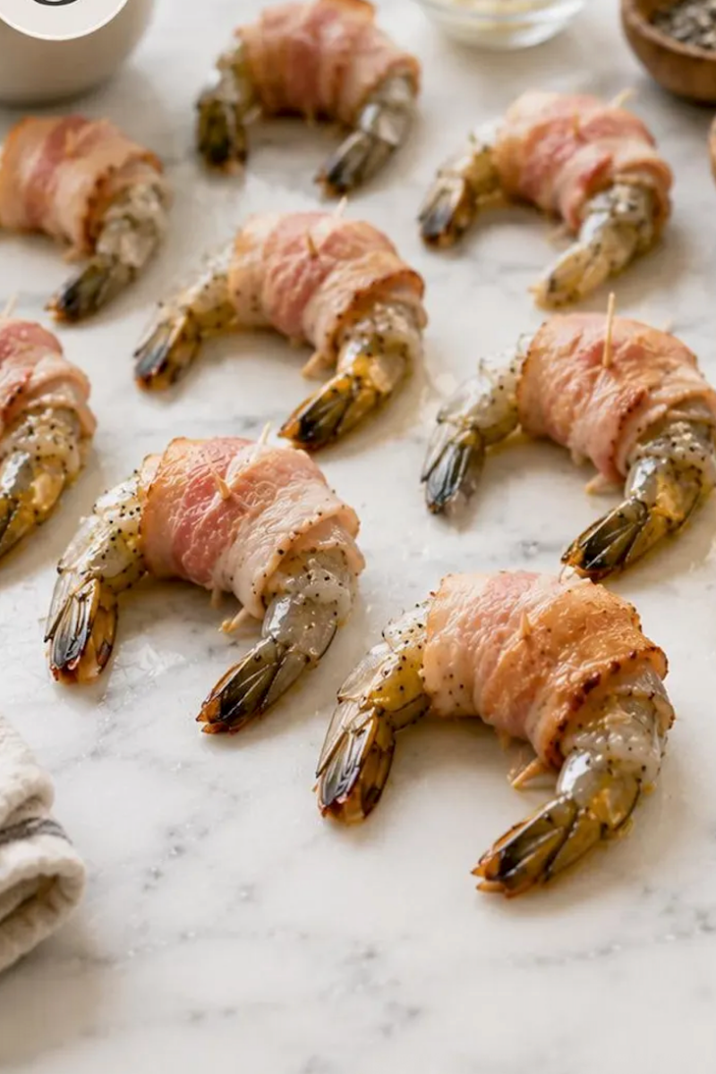 Bacon wrapped shrimp arranged evenly on a baking sheet.