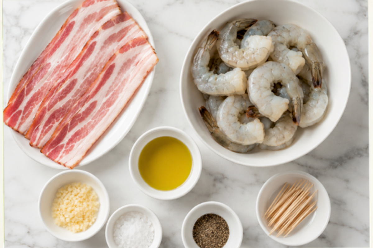 Bacon, shrimp, olive oil, garlic, salt, pepper, and toothpicks arranged on a countertop before making bacon wrapped shrimp.