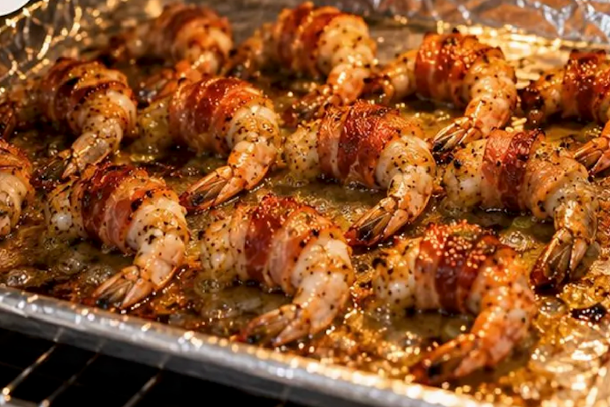 Bacon wrapped shrimp baking in the oven until golden and cooked through.