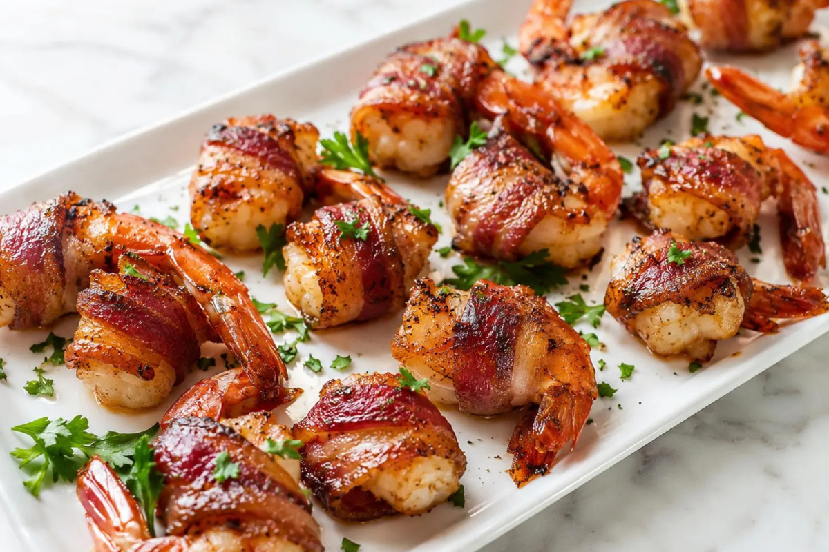 Finished bacon wrapped shrimp ready to serve.