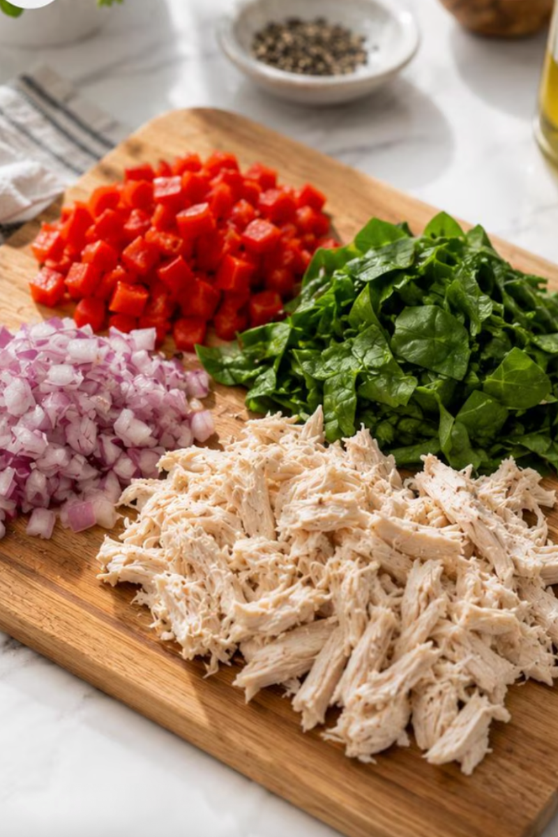 Ingredients for high protein breakfast egg wrap including chicken breast, bell peppers, red onion and spinach prepared for cooking