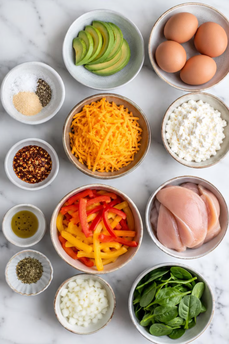 Egg wrap ingredients arranged on countertop including eggs, cottage cheese, avocado, chicken and vegetables