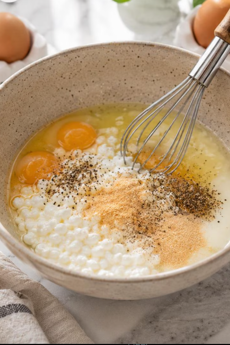 Eggs, cottage cheese and seasonings being whisked together for high protein breakfast egg wrap