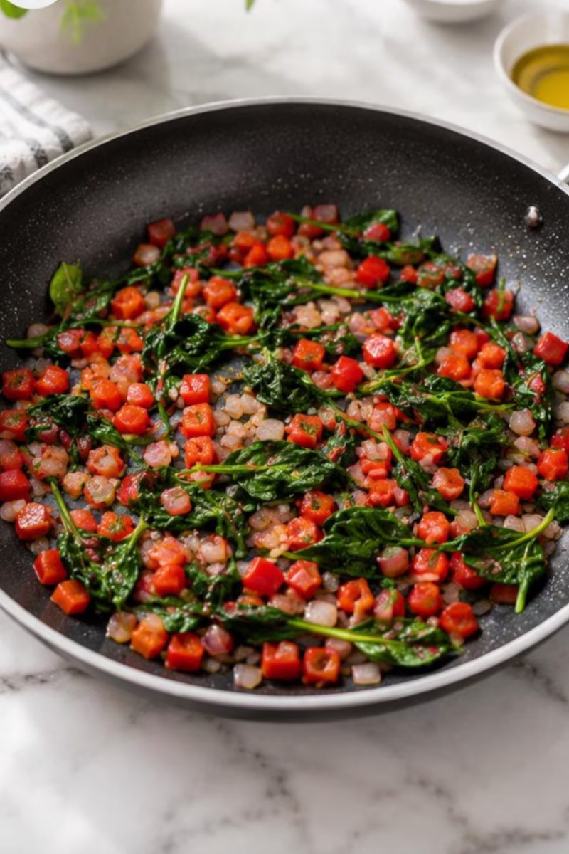 Bell peppers, onion and spinach sautéing in skillet for breakfast egg wrap filling