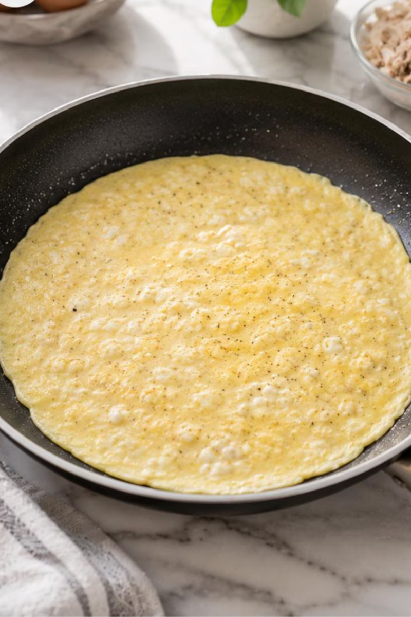 Egg mixture cooking in skillet and forming a thin egg wrap