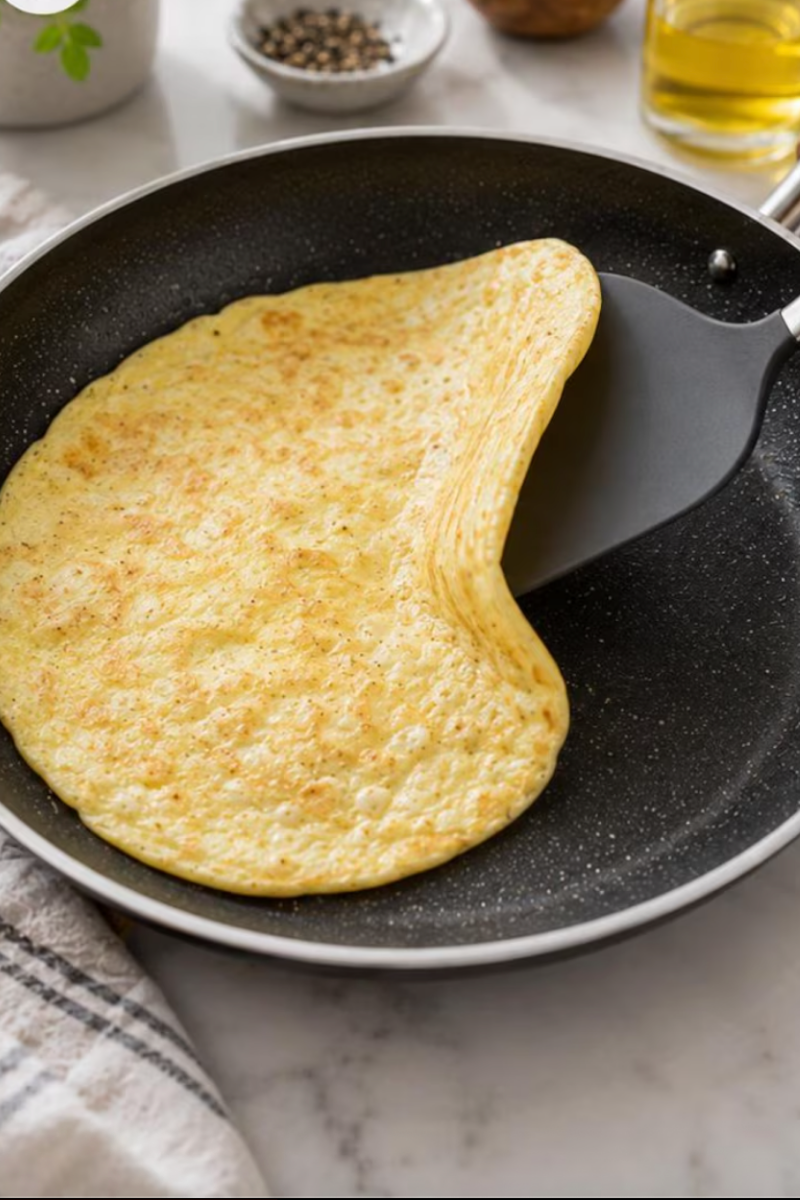 Egg wrap being carefully flipped in nonstick skillet during cooking