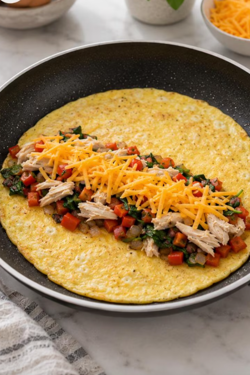 chicken, vegetables and cheddar cheese added to center of cooked egg wrap