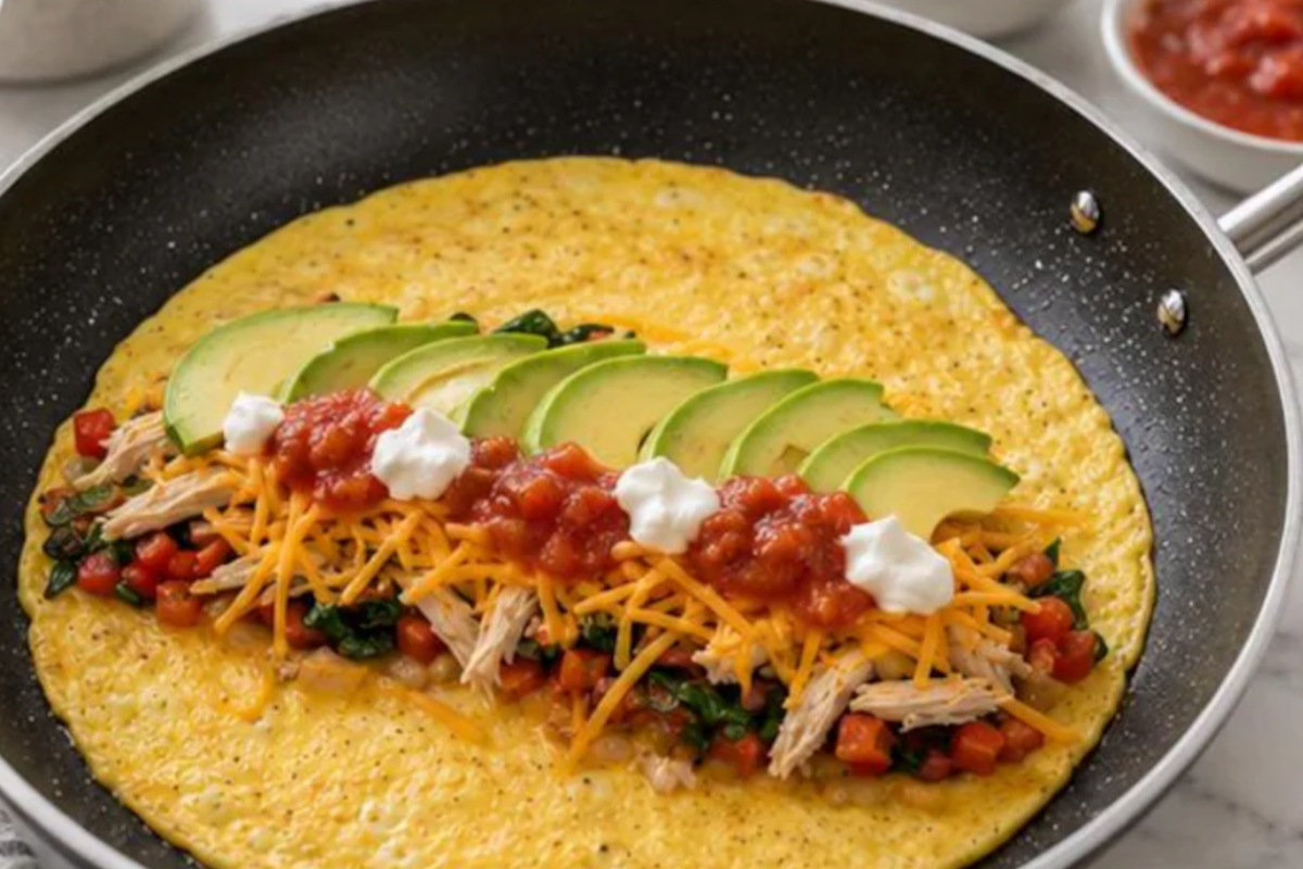 Sliced avocado layered over chicken filling inside high protein breakfast egg wrap