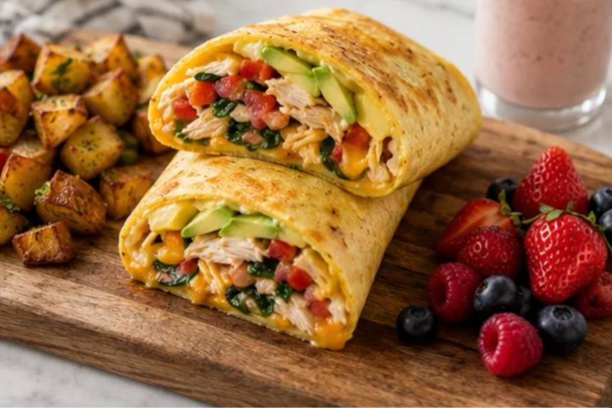 Sliced high protein breakfast egg wrap served with roasted potatoes and fresh berries