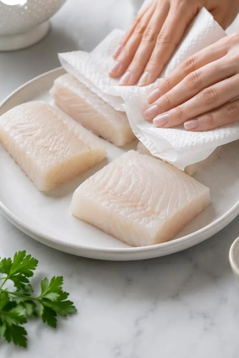 Raw cod fillets seasoned on a plate