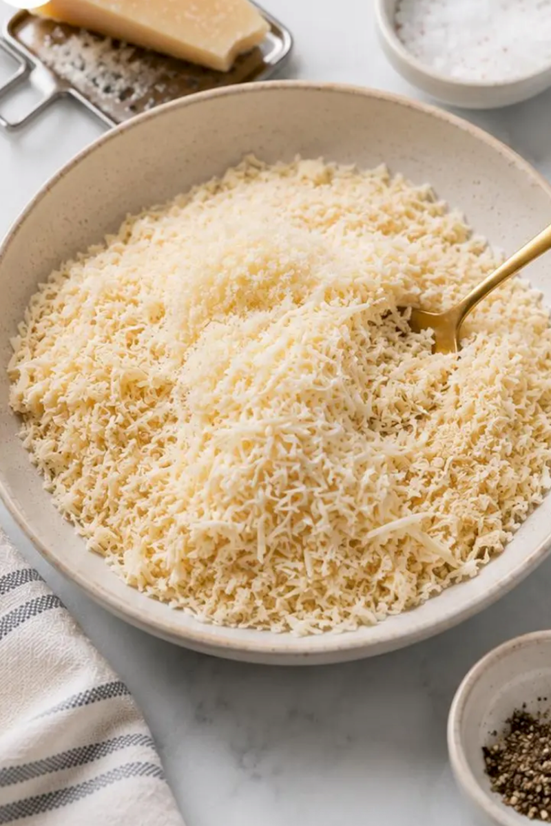 Bowl of grated Parmesan cheese