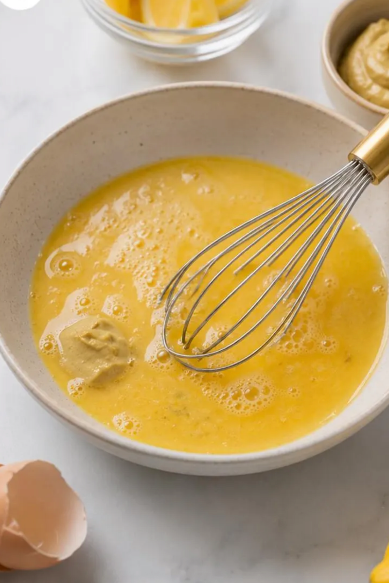 Egg wash with Dijon mustard and whisk
