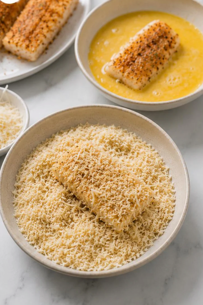 Cod fillet being coated in panko and Parmesan"